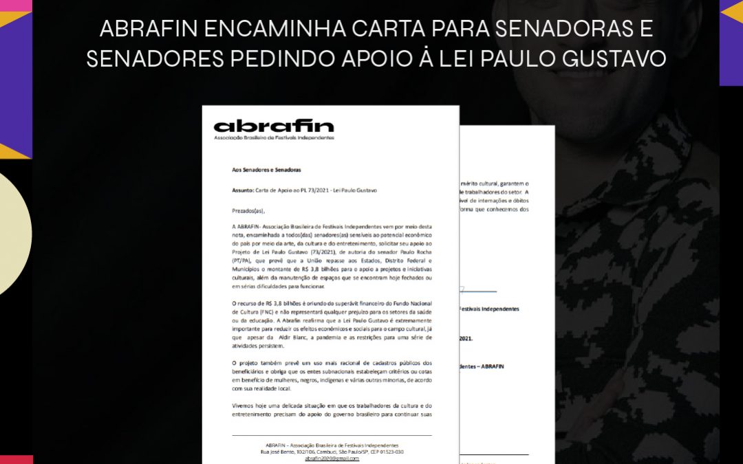 ABRAFIN ecaminha carta para senadoras e senadores pedindo apoio à Lei Paulo Gustavo