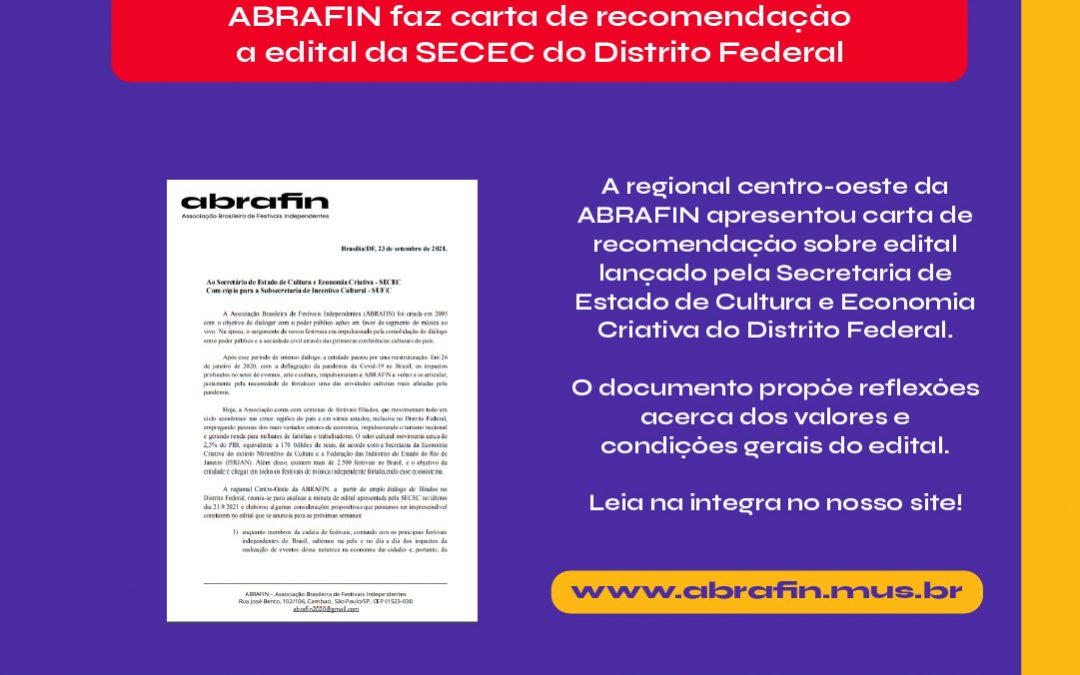 ABRAFIN encaminha carta de recomendação sobre edital da fomento à arte e cultura do Distrito Federal